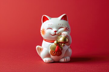 A close-up shot of a white cat grasping a bell against a bright red background