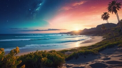 Fototapeta premium Beautiful panoramic wallpaper with beach and unearthly sky