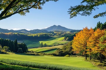 Green hills in Japan, morning, featuring a mountain landscape with trees in autumn colors green yellow orange under a clear blue sky, epitomizing serene natural beauty. SHOTLISTtravel , ai