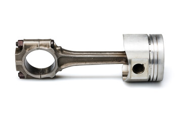 Studio photography of a piston with connecting rod with shadow isolated on a white background....