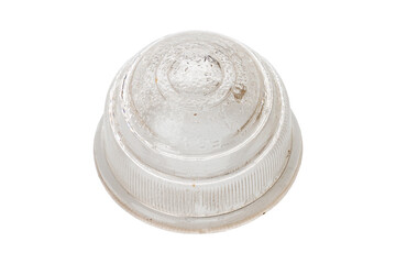 Studio photography of a white headlight isolated on a white background. Close-up shot of a vintage passenger indicator light. Used auto part, classic circular shape.