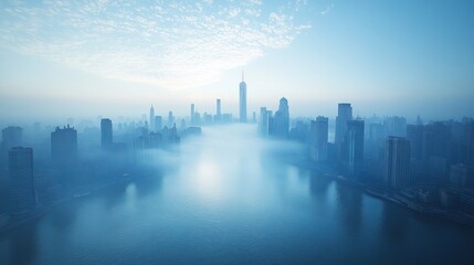 Fototapeta premium A soft blue haze gently obscures a city skyline, creating a serene atmosphere.