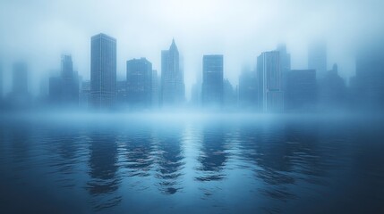 A soft blue haze gently obscures a city skyline, creating a serene atmosphere.