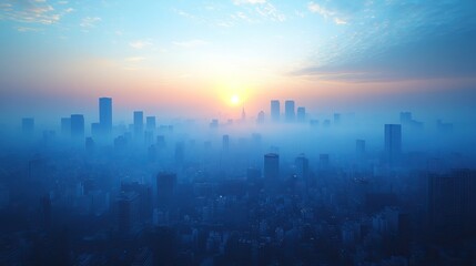 A soft blue haze gently obscures a city skyline, creating a serene atmosphere.