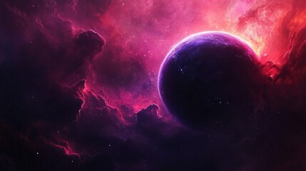 Fototapeta premium A dark, ominous planet with stormy clouds, contrasted by the vibrant colors of a nearby nebula, glowing with red and purple hues