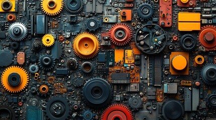 Fototapeta premium Artistic arrangements of colorful gears and electronic components are displayed.