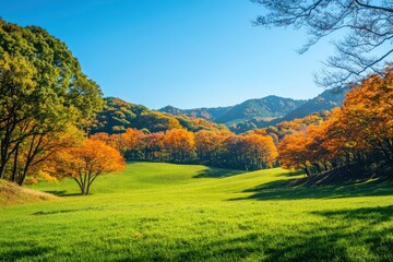 Fototapeta premium Green hills in Japan, morning, featuring a mountain landscape with trees in autumn colors green yellow orange under a clear blue sky, epitomizing serene natural beauty. SHOTLISTtravel , ai