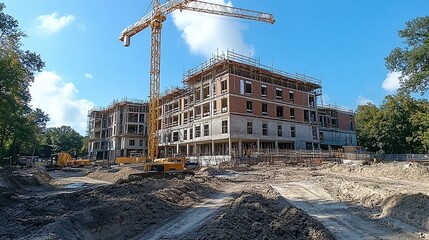 A construction site features a large crane and a partially built building in the background.