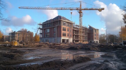 A construction site features a large crane and a partially built building in the background.