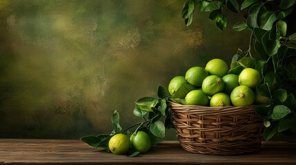 A rustic wooden basket full of limes on a wooden table, set against a backdrop of green foliage.