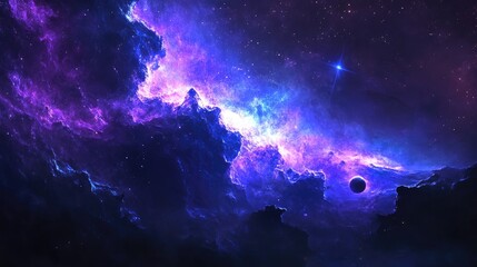 A vast nebula with bright blue and purple gases, illuminated by a nearby star, with a planet's silhouette on the horizon