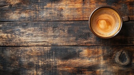 Ready to be enjoyed, a cup of coffee is placed on a wooden table.