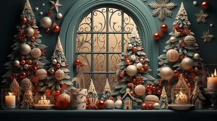 Fototapeta premium Winter city in retro style. Christmas background with houses, Christmas tree, snowman. Cozy town in a flat style with lettering merry Christmas.