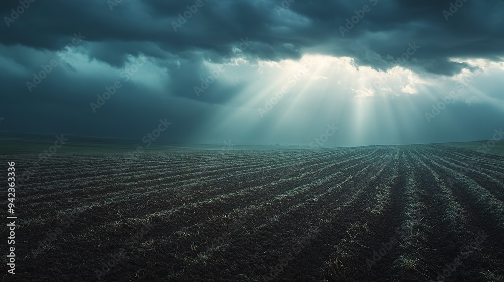 Wall mural rain falling on tilled farm land