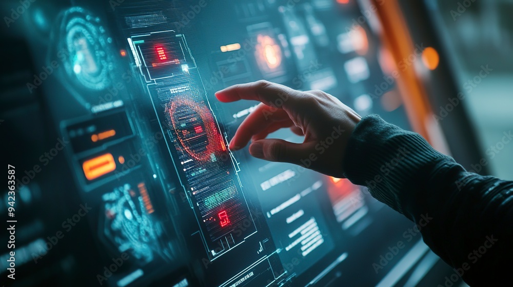 Poster hand interacting with a digital screen displaying various error and alert notifications.