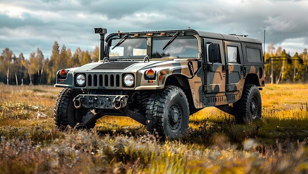 A military hummer in camouflage is driving on the grass near an open field. On top of it there is a small white cloud and a camera mounted to its roof for pointing towards you.