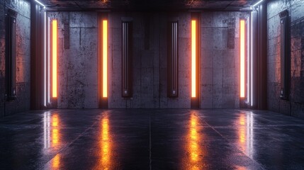 Abstract futuristic room with dark cement walls and glowing light panels, creating a high-tech atmosphere. Perfect for interior concepts or product displays in a sci-fi setting.