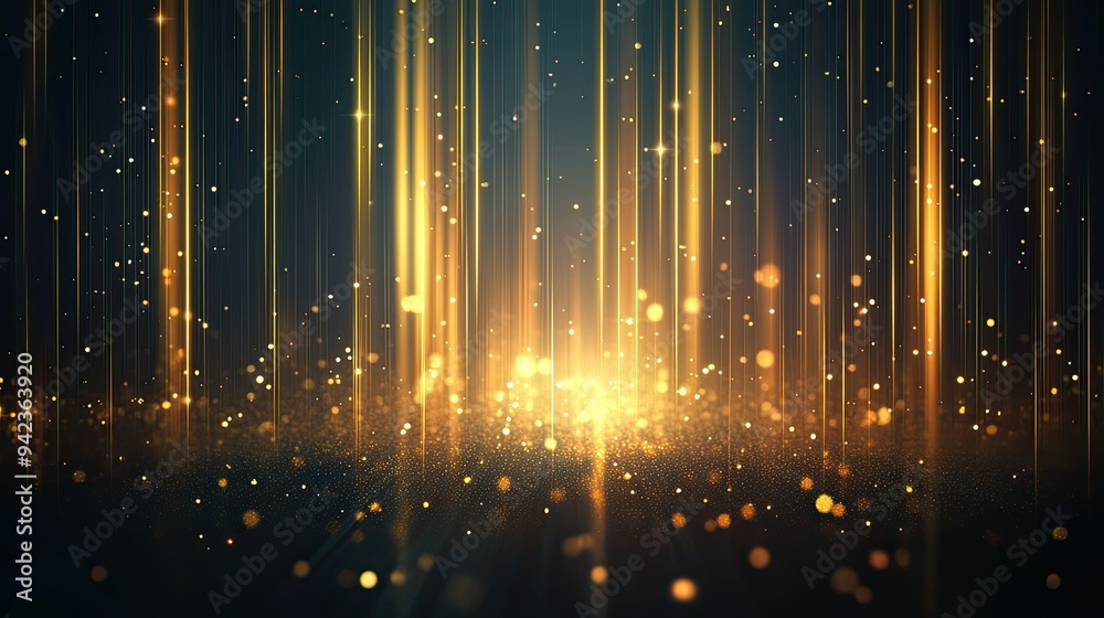 Poster abstract vertical gold lighting lines glowing on a dark background with sparkling particles and ligh