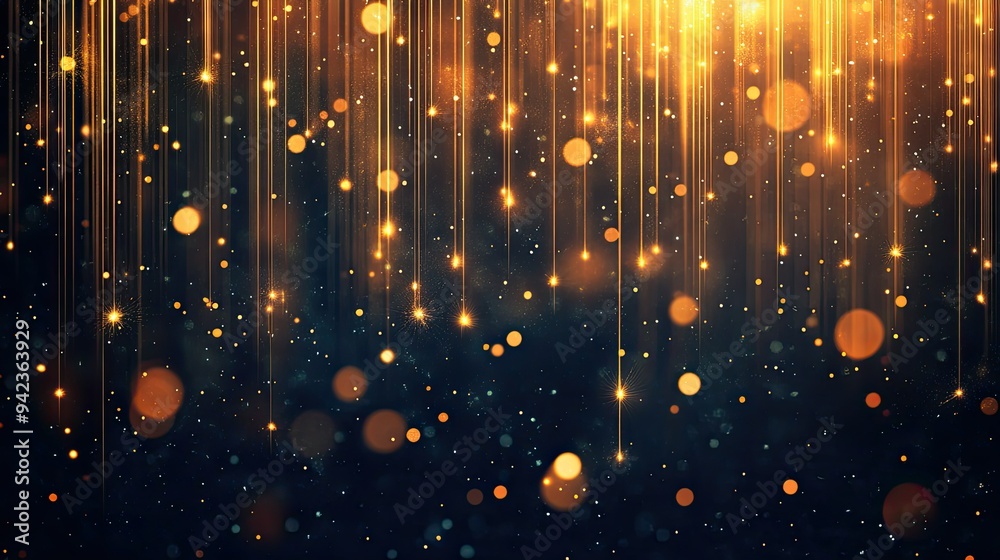 Poster abstract vertical gold lighting lines glowing on a dark background with sparkling particles and ligh
