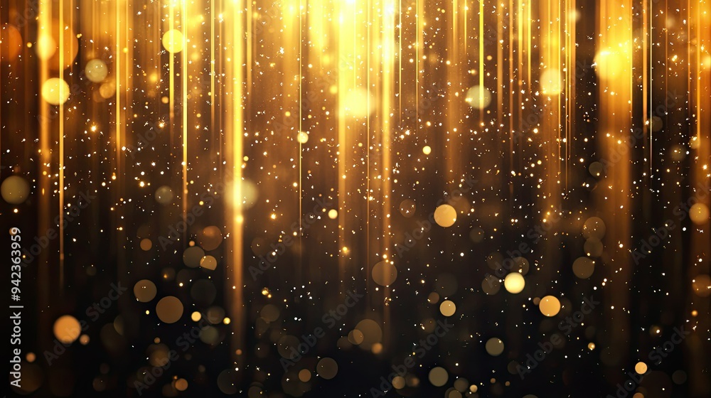 Poster abstract vertical gold lighting lines with glowing sparkles on a dark background, creating a luxurio