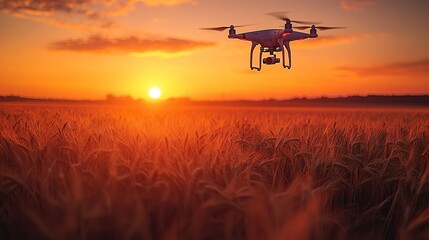 Naklejka premium A drone at sunrise glides over a wheat field, highlighting smart technology for field monitoring and agricultural innovation.
