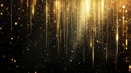 Fototapeta premium Abstract vertical gold lighting lines with glowing sparkles on a dark background, creating a luxurious design style with ample space for text or branding.