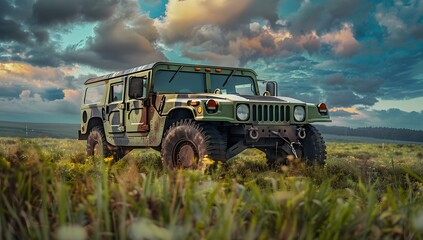 A military hummer in camouflage is driving on the grass near an open field. On top of it there is a small white cloud and a camera mounted to its roof for pointing towards you.