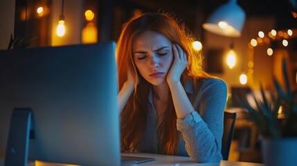Fototapeta premium Night, headache, and stressed businesswoman using computer in corporate office with burnout. Mistake, risk, or fail on overtime project leaves employee exhausted, frustrated, and overworked. 