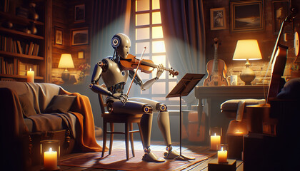 A humanoid robot practices violin in a warmly lit room with candles, next to a window with streaming sunlight.