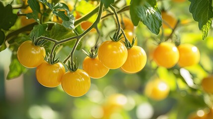 Bright yellow tomatoes on the tree, with a backdrop of green leaves in a garden setting.