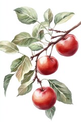 Watercolor Painting of Red Apples on a Branch