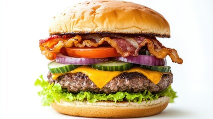 Close-up of a stacked burger with cheese, bacon, onion, cucumbers, tomatoes, and lettuce, isolated on white.