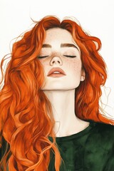 Fototapeta premium Portrait of a Woman with Long Red Hair and Green Top