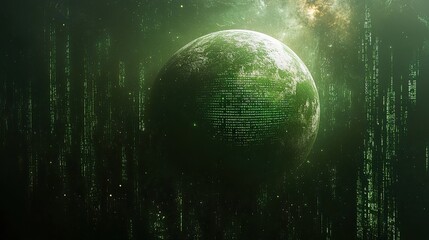 A green planet surrounded by binary code in space symbolizes the intersection of technology and environmental consciousness.