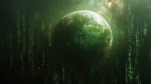 A green planet surrounded by binary code in space symbolizes the intersection of technology and environmental consciousness. - Powered by Adobe