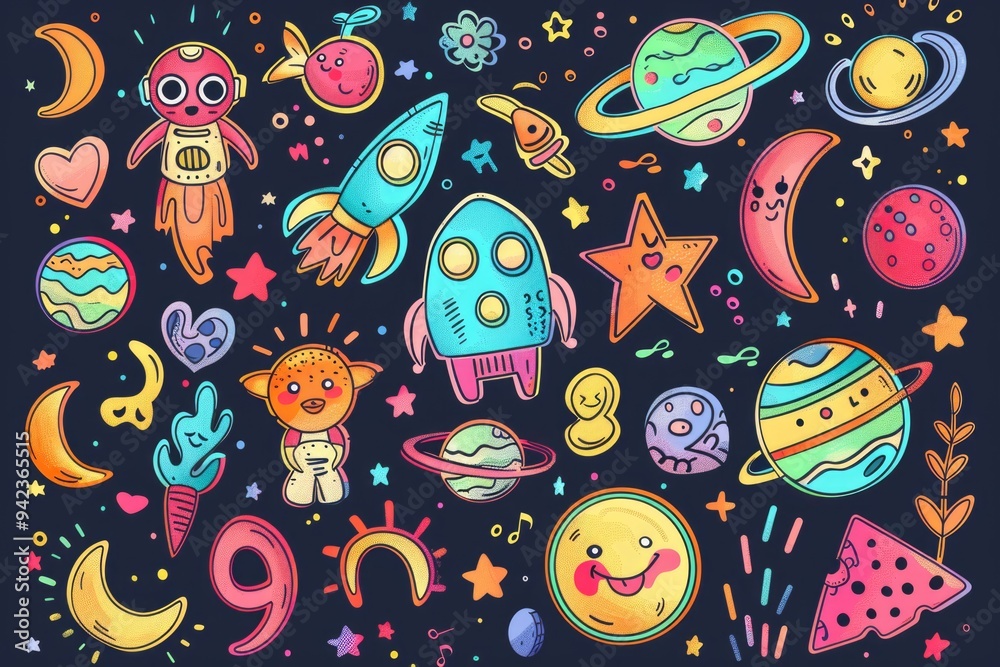 Poster a collection of cartoon space objects against a black background
