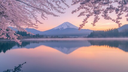 Fototapeta premium Dawn over Lake Kawaguchiko with Mount Fuji in the background, pink sakura branches framing the reflection in the tranquil water. A peaceful springtime view.