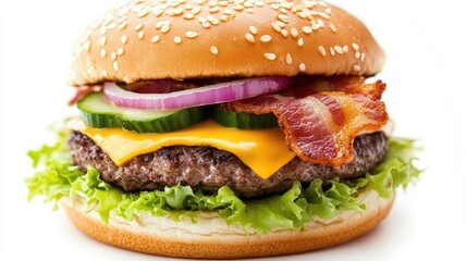 Delicious burger loaded with cheese, crispy bacon, onions, cucumbers, tomatoes, and lettuce, isolated on white.