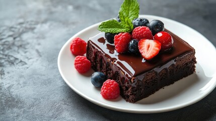 Elegant dessert: Chocolate brownies with a smooth chocolate glaze, garnished with fresh berries and mint, beautifully arranged on a white plate, on a gray concrete surface.