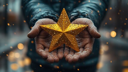A gold star is proudly held by a man.