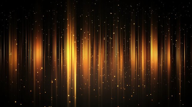 Elegant vertical gold lighting lines glowing against a deep black background, accented with sparkling effects. Perfect for luxury designs with copy space for text.