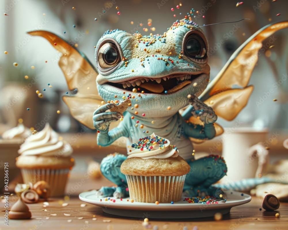 Canvas Prints A cute, winged creature enjoys a cupcake with sprinkles. AI.