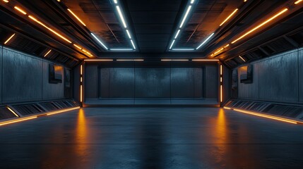 Obraz premium Empty sci-fi room with glowing light accents on the ceiling and walls, complemented by a smooth cement floor. Perfect for futuristic interior concepts or product displays.