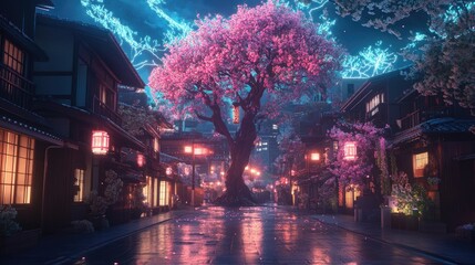 Fantasy urban night scene in Japan, with neon-lit streets, towering sakura tree in the center, and traditional residential buildings bathed in glowing light. 3D render.