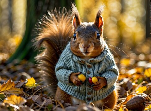 A squirrel in a sweater holds nuts in its paws. AI.