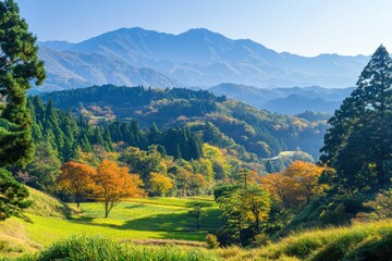 Green hills in Japan, morning, featuring a mountain landscape with trees in autumn colors green yellow orange under a clear blue sky, epitomizing serene natural beauty. SHOTLISTtravel , ai