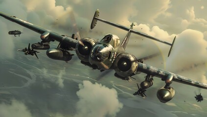 Air force plane flying in the sky, white with black stripes on wings and tail wing,