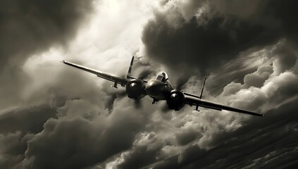 Air force plane flying in the sky, white with black stripes on wings and tail wing,