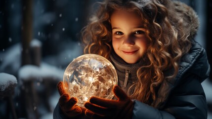 Naklejka premium wonder on a child's face as they unwrap a present to find a magical snow globe that transports them into a winter wonderland.
