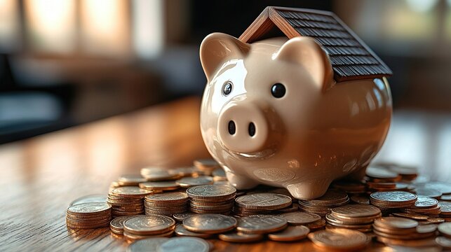 Representing concepts of house property, real estate investment, and financial savings, a piggy bank with a roof stands next to a pile of coins.